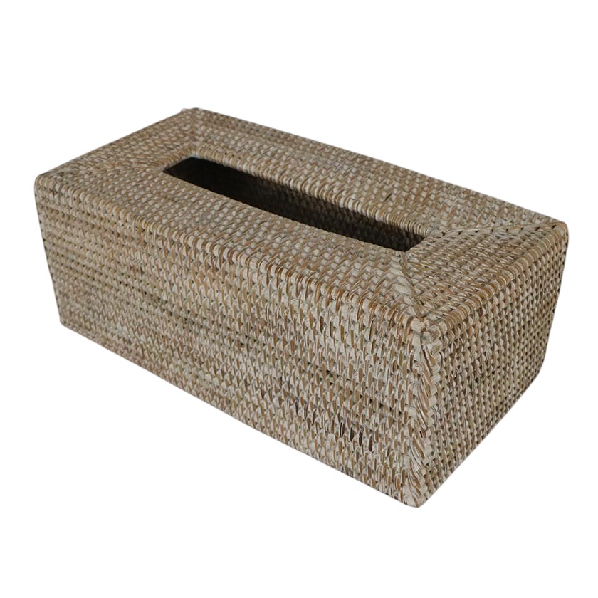RATTAN TISSUE BOX RECTANGULAR COVER OPEN WHITEWASH