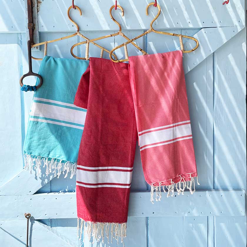 Colorful striped towels hanging on wooden hangers against a light blue door.
