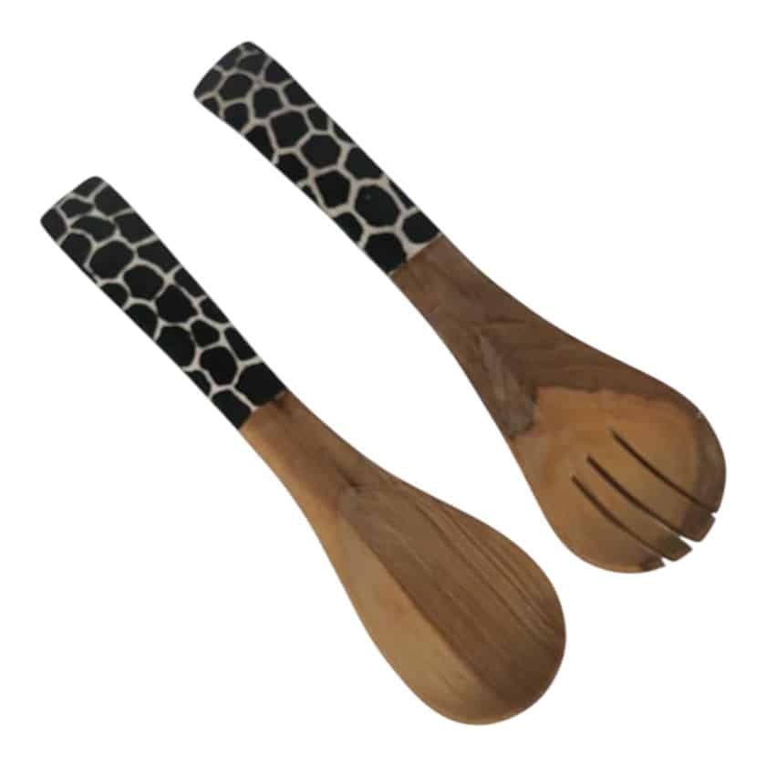 WOOD SALAD SERVER 10" WITH INLAY DECOR GIRAFFE