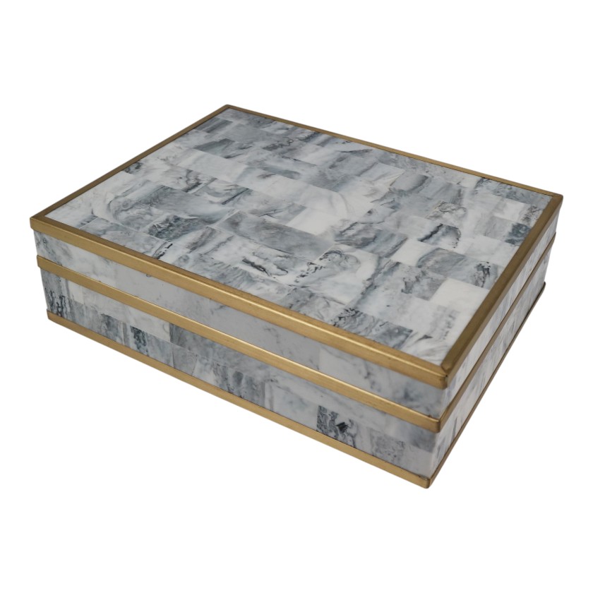 BONE GREY MARBLE BOX WITH BRASS TRIM