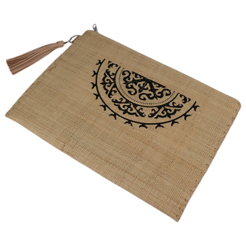 RAFFIA CLUTCH LARGE EMBROIDERY BLACK WITH LEATHER
