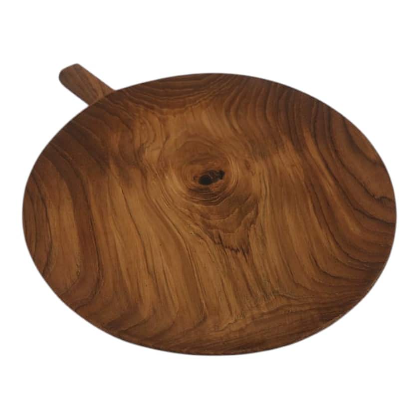 Round natural teak paddle tray with handle, showcasing wood grain texture.