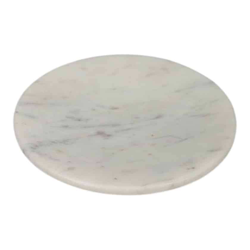 Round white marble plate with subtle gray veining, 5 inches in diameter.