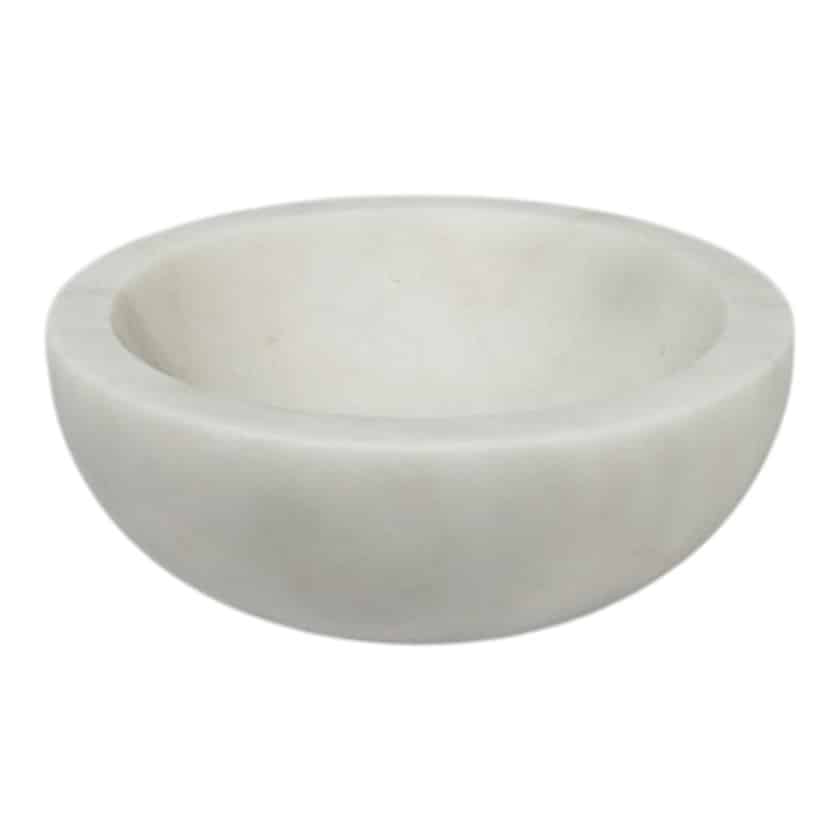 White marble round bowl, 4 inches deep, elegant home decor accessory.