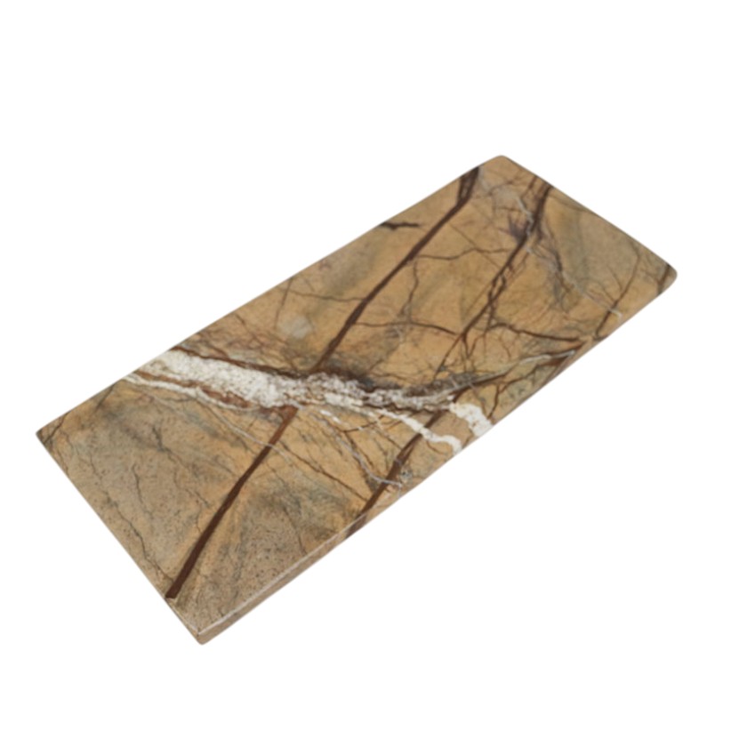 Rectangular stone vanity tray with natural marble pattern.
