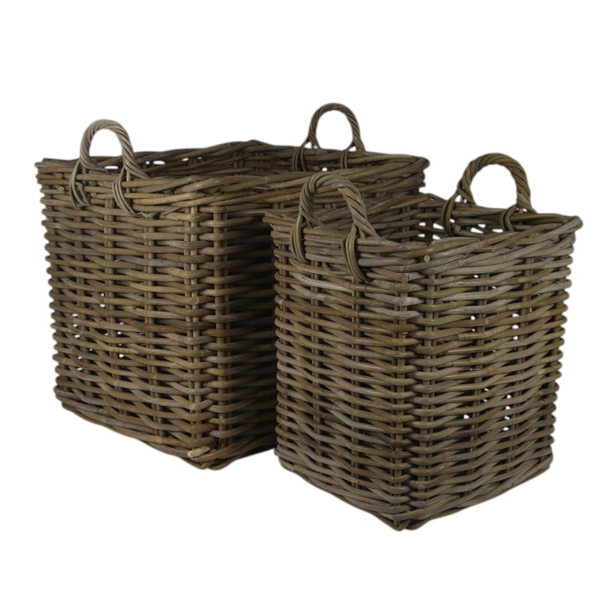 RATTAN THICK PLANTER SQUARE LARGE SET OF 2 GREY