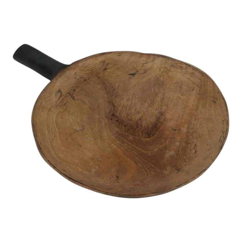 Rustic teak wood platter with black handle, ideal for serving or decor.