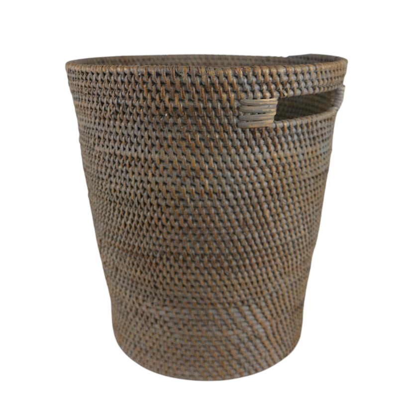 RATTAN WASTEPAPER BASKET SMALL WITH HANDLES GREY