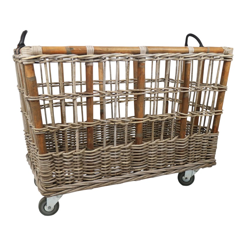 Woven rattan laundry trolley with wheels and handles.