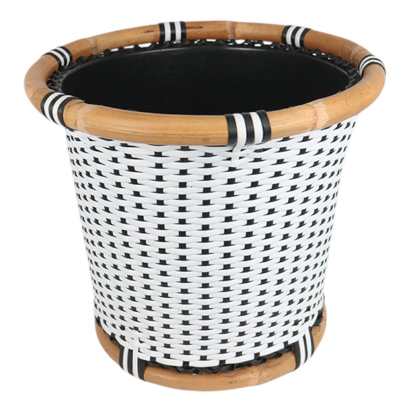 Black and white rattan planter with synthetic weave and bamboo rim.
