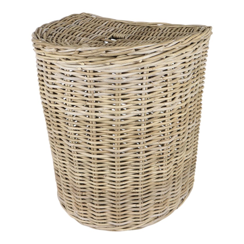 RATTAN THICK LAUNDRY BASKET HALF ROUND GREY
