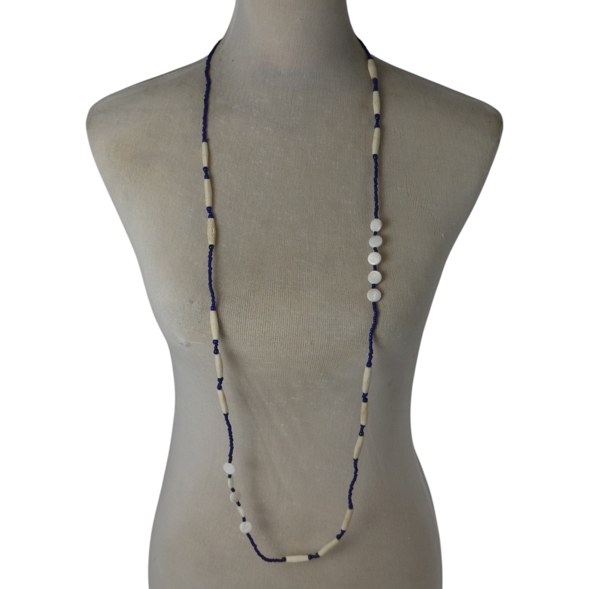 NECKLACE SHELL BUTTON CREAM BLUE BONE PIPE