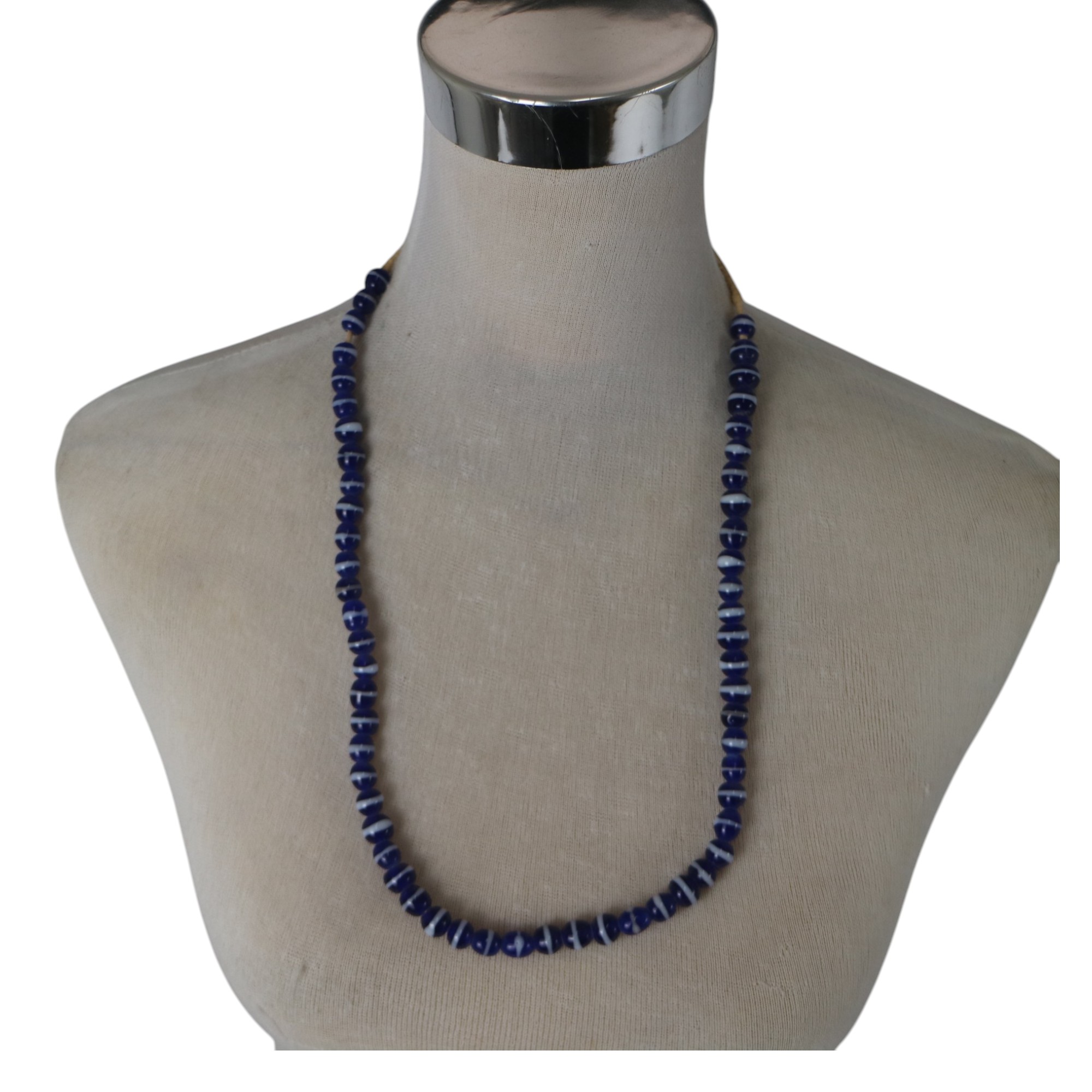 NECKLACE GLASS BLUE SMALL ROUND STRIPE