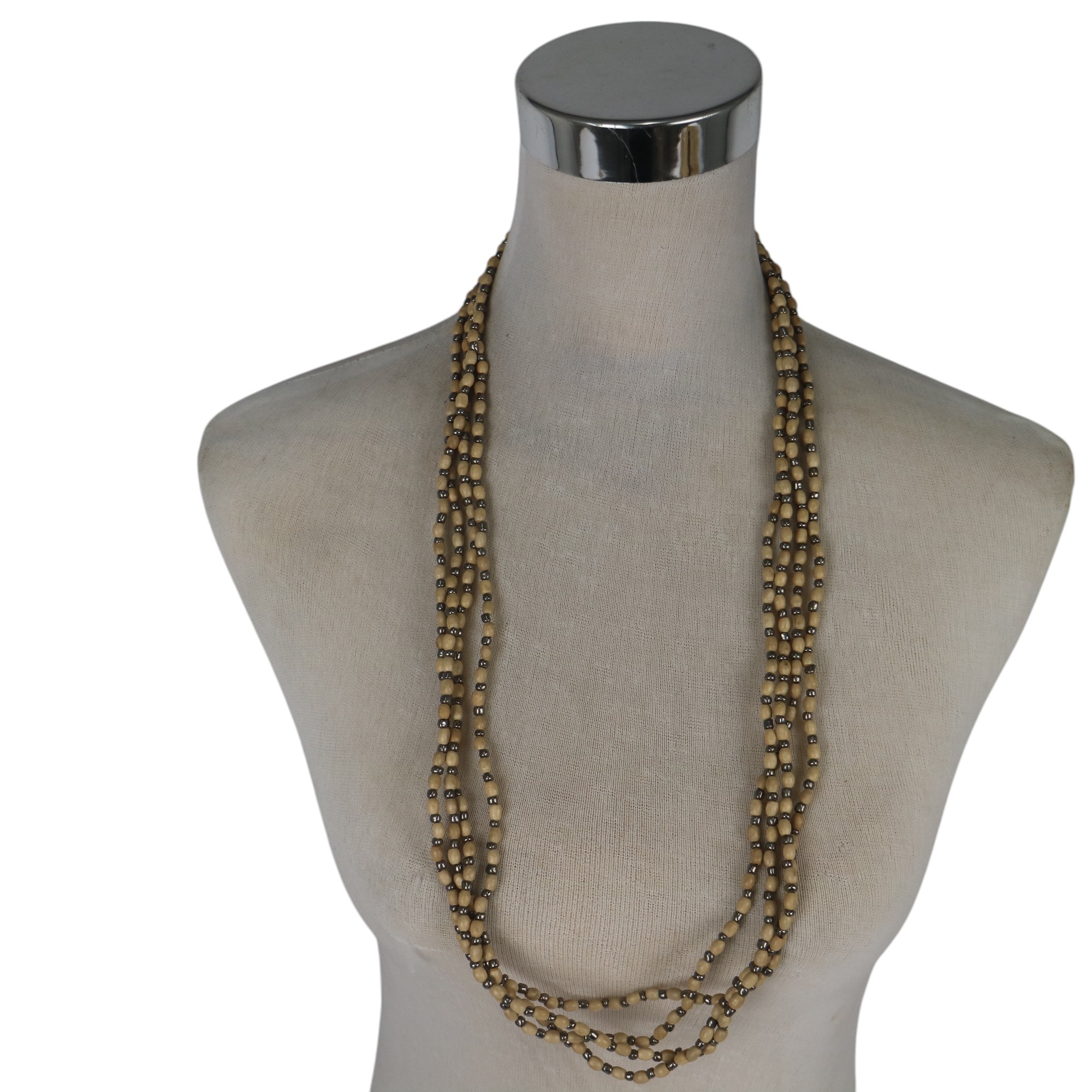 NECKLACE WOOD / SILVER MULTISTRAND