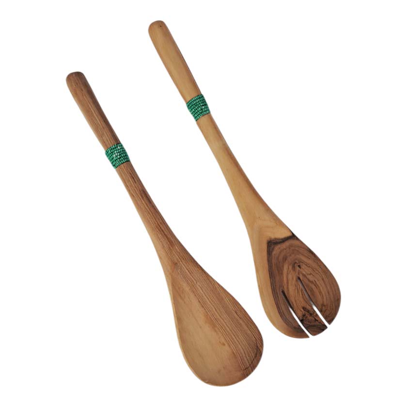 WOOD SALAD SERVER 12" WITH BEAD TURQ