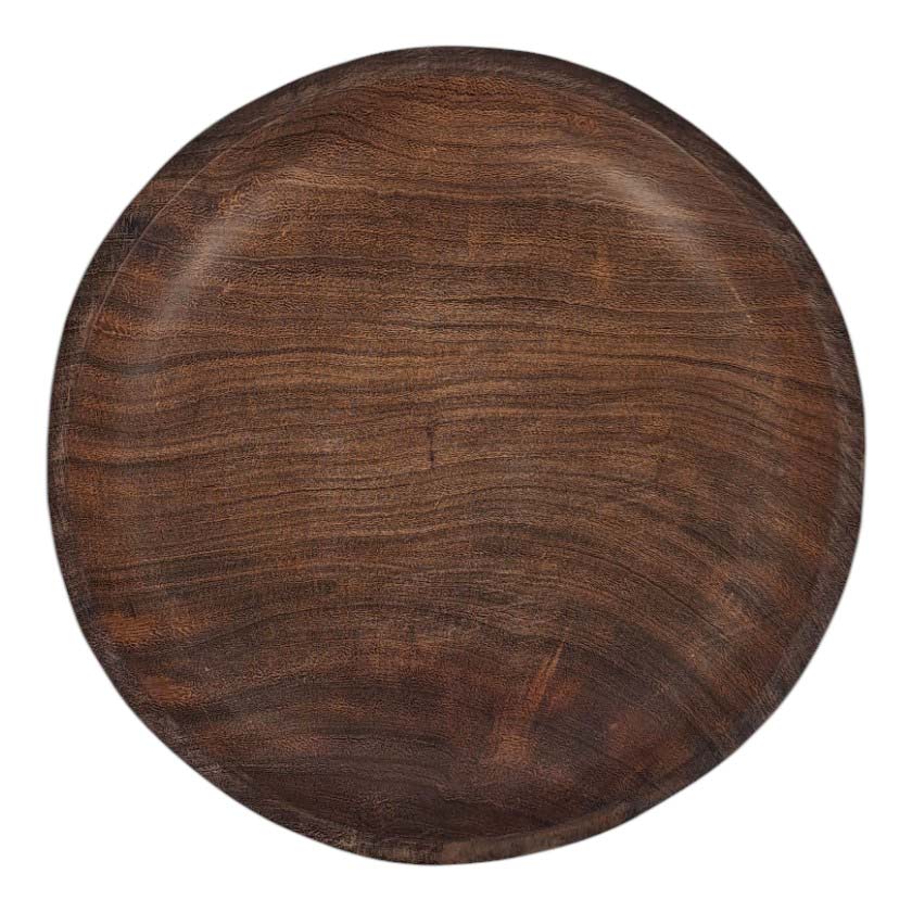 Round dark wood plate with natural grain texture, ideal for serving or decor.