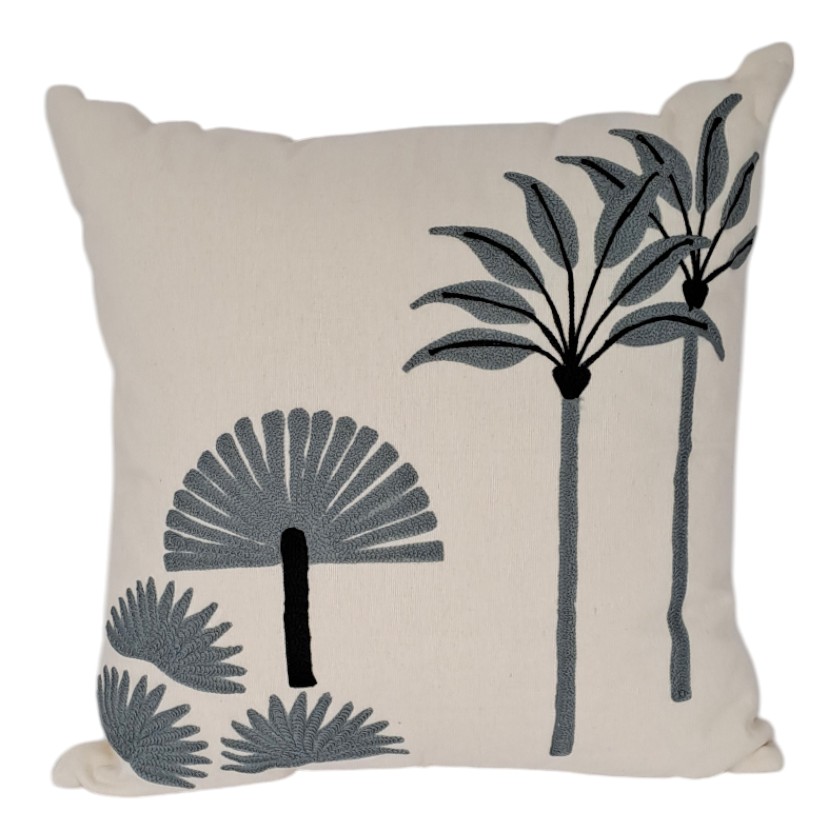 CUSHION EMBROIDERED PALM FAN GREY & BLACK WITH INNER