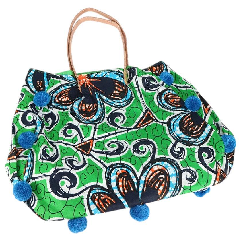 Bag Chitenge With Leather Handles & Pompoms | Jambo Imports