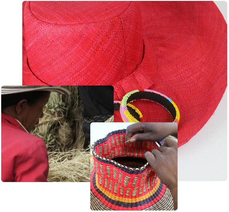 Red woven hat, artisan weaving straw, and hands crafting a colorful basket.
