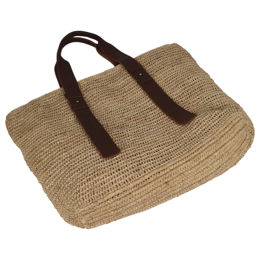 BAG RAFFIA CROCHET LAMU WITH DARK LEATHER HANDLES