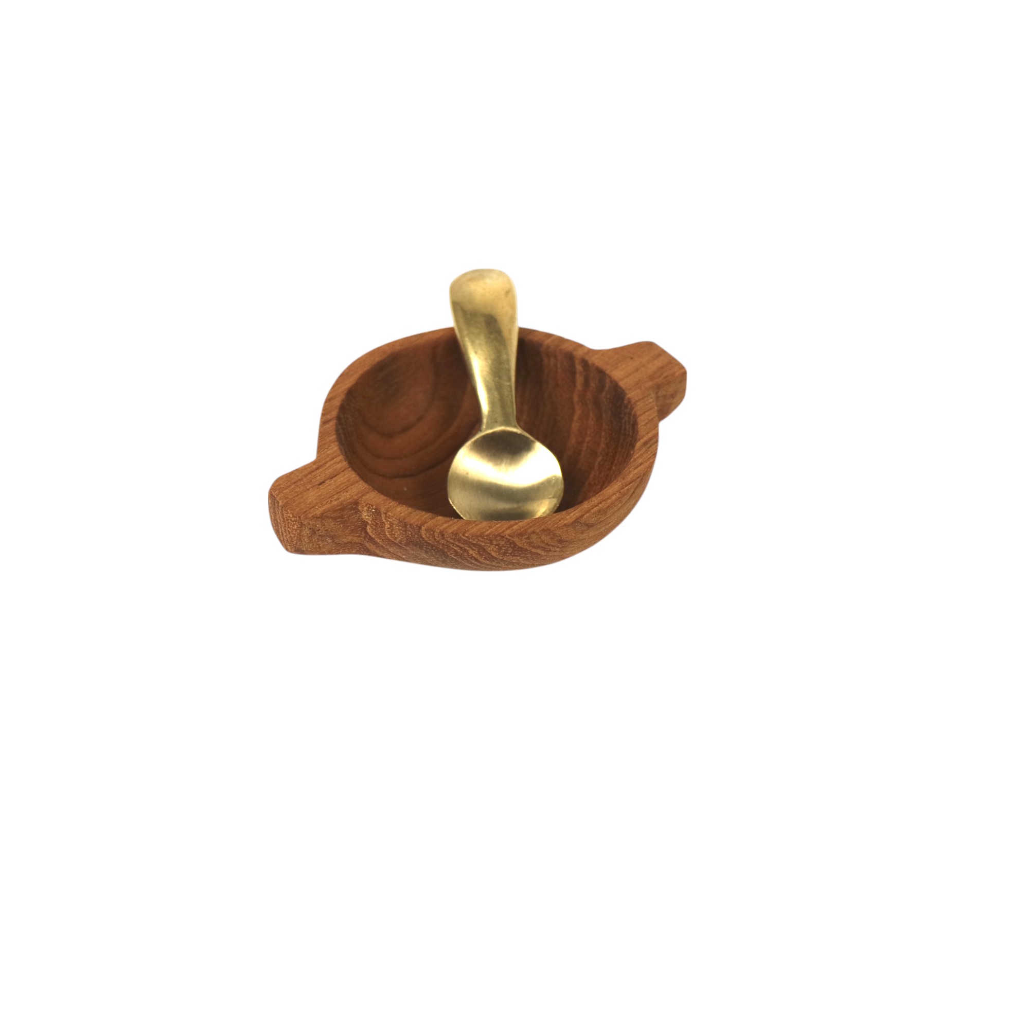 TEAK BOWL WITH HANDLES & BRASS SPOON SET