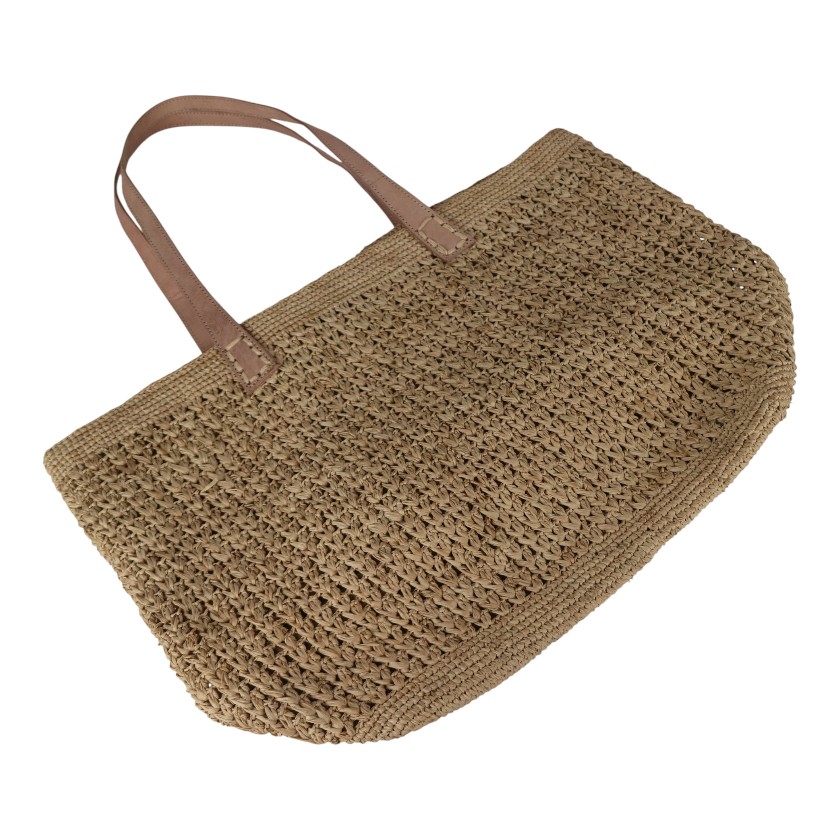 BAG RAFFIA CROCHET DEEP WITH FLAT LEATHER NATURAL