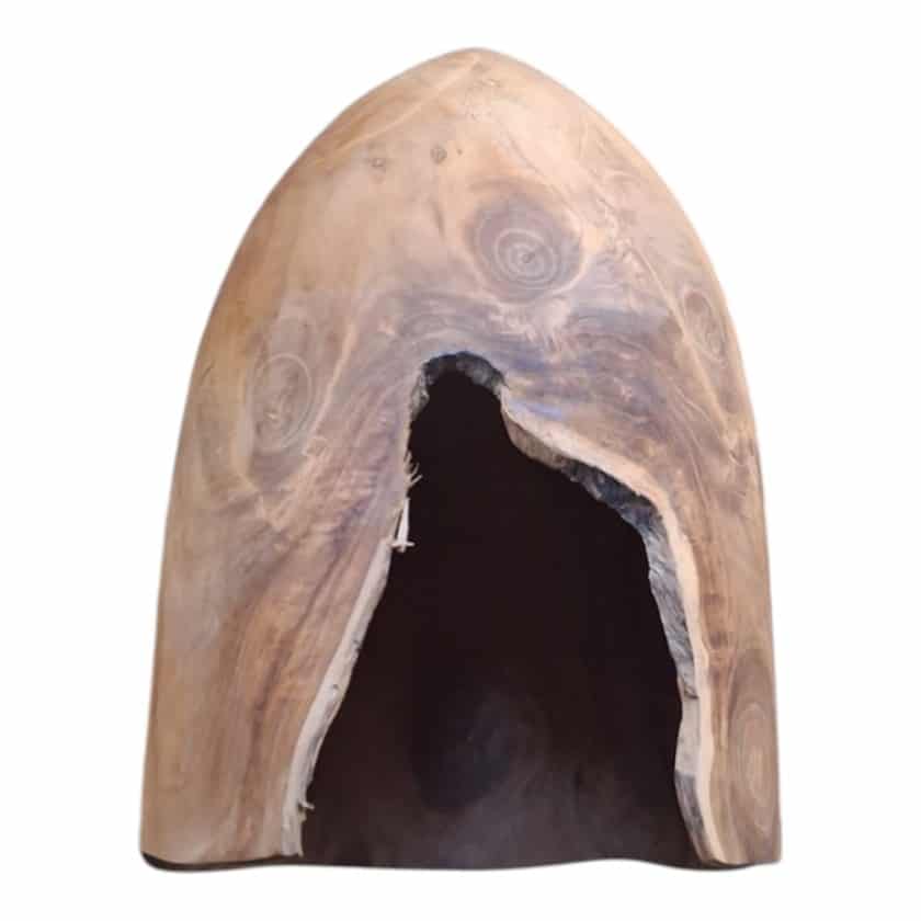 Teak wood organic lampshade with natural grain pattern and unique hollow design.