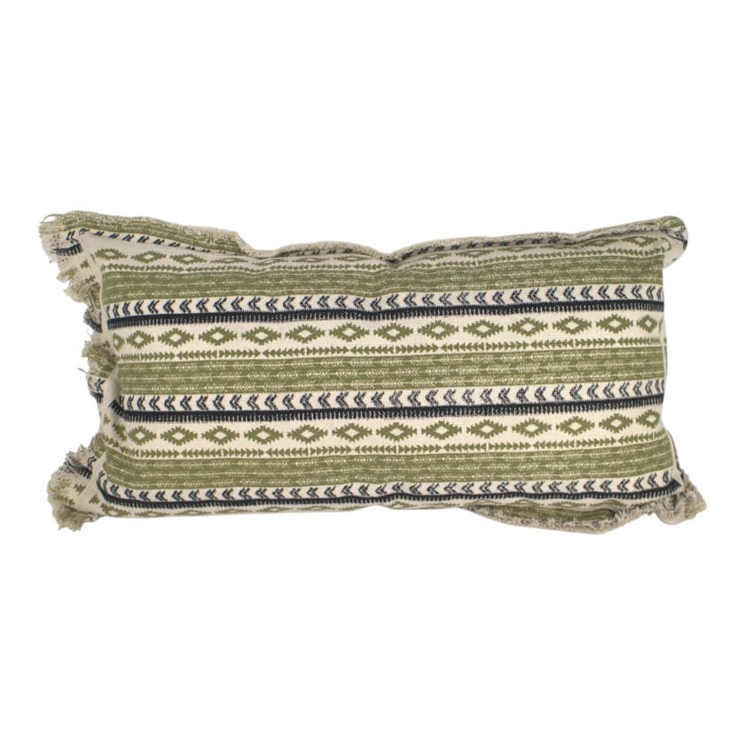 CUSHION RECTANGULAR NATURAL & KHAKI PRINT WITH FRINGE